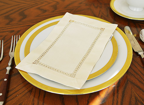 Appetizer Napkin.6"x9". Edinburgh Hemstitch. Pearled Ivory